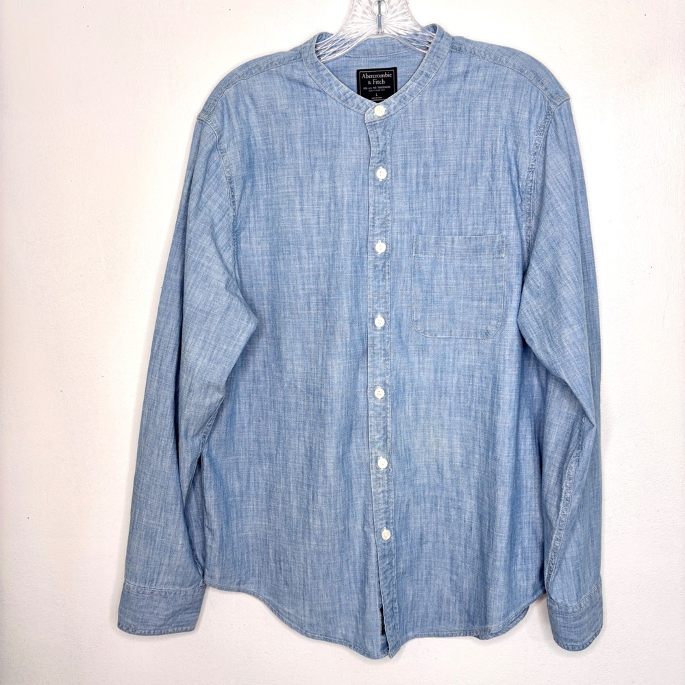 Abercrombie & Fitch Denim Shirt Mens Large Blue Band Collar Button Up Casual